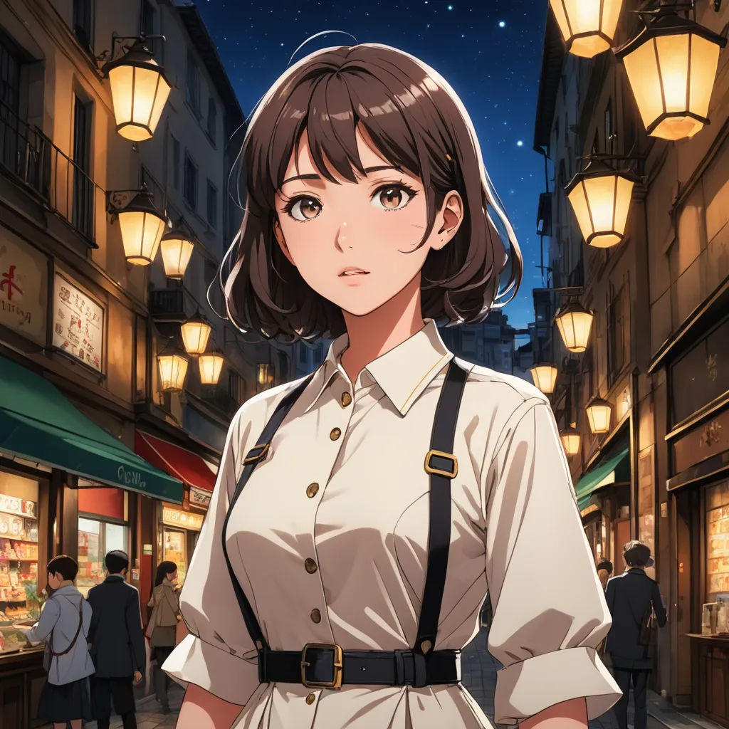a woman in a white shirt and suspenders standing in a street at night with a man in a suit and tie, aestheticism, concept art, Chizuko Yoshida, official art