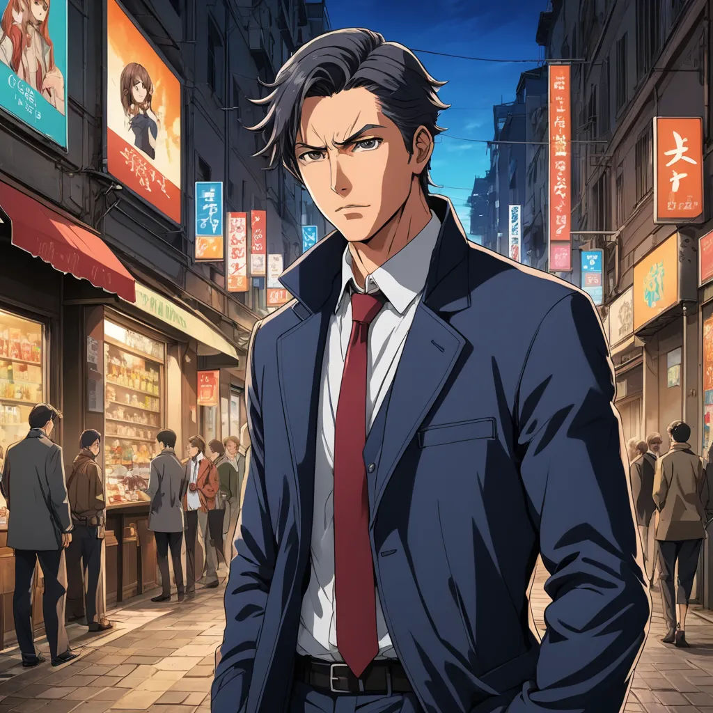 a man in a suit and tie standing on a street corner in front of a store front with people walking by, remodernism, a character portrait, Cedric Seaut (Keos Masons), official art
