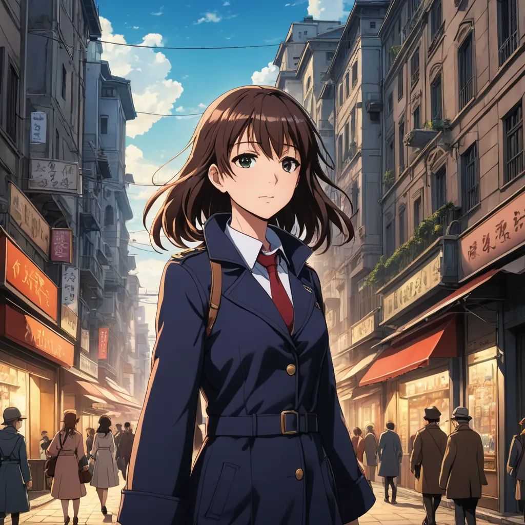 a woman in a blue coat and tie standing in a street with buildings in the background and people walking around, magic realism, poster art, Aguri Uchida, anime key visual