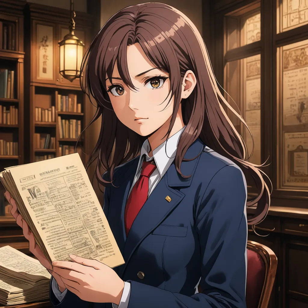 a woman in a suit holding a book in a library with a lot of books on the shelves behind her, remodernism, a character portrait, Chizuko Yoshida, official art