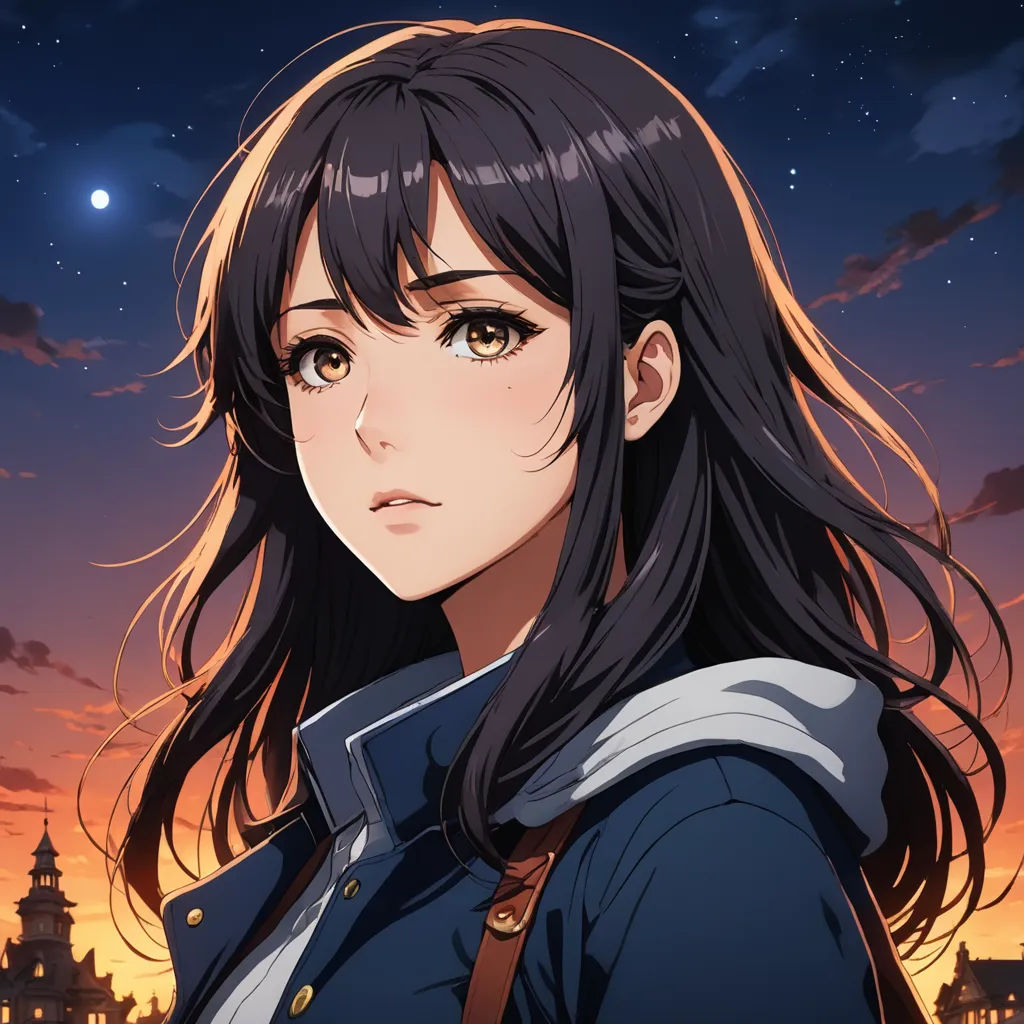 a girl with long hair and a blue jacket in front of a sunset sky with a city in the background, sots art, a character portrait, Aguri Uchida, official art