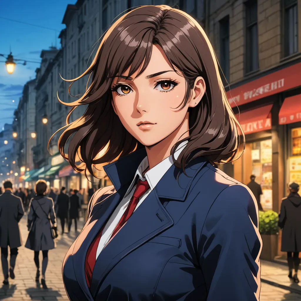 a woman in a suit and tie standing on a street corner in front of a crowd of people in a city, sots art, a character portrait, Eizan Kikukawa, official art