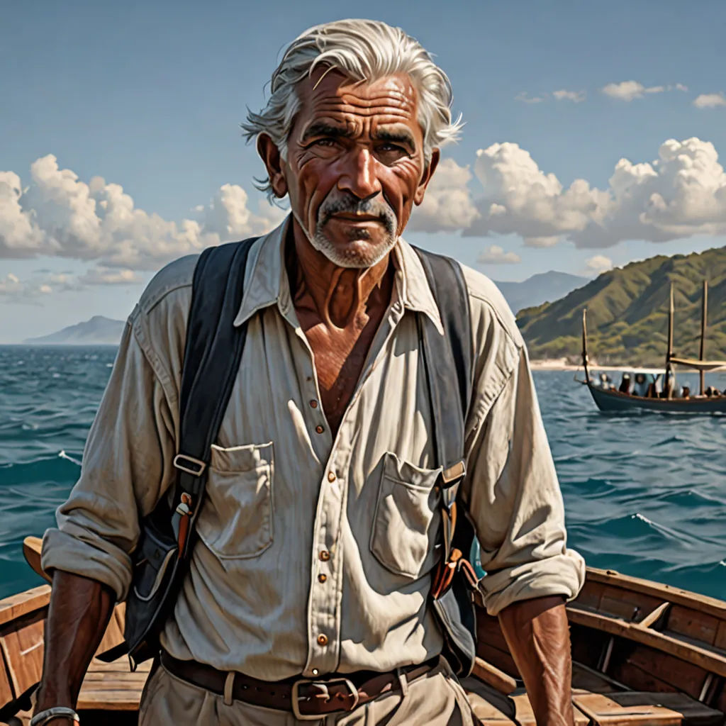 a man standing on a boat in the ocean with a lot of boats in the background on a sunny day, photorealism, a photorealistic painting, David Palumbo, extremely detailed oil painting