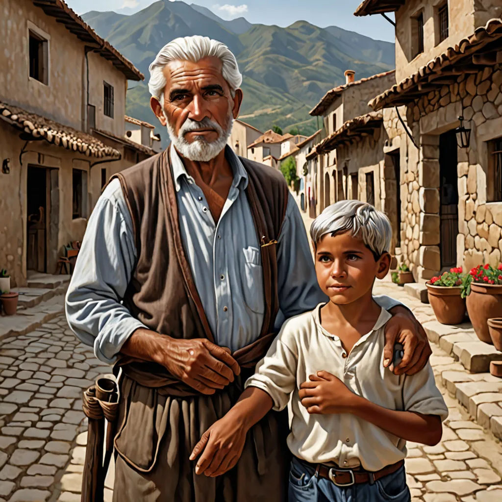 a painting of a man and a boy standing in a village street with mountains in the background and a cobblestone road, figurative art, an oil painting, Brothers Hildebrandt, highly detailed digital painting