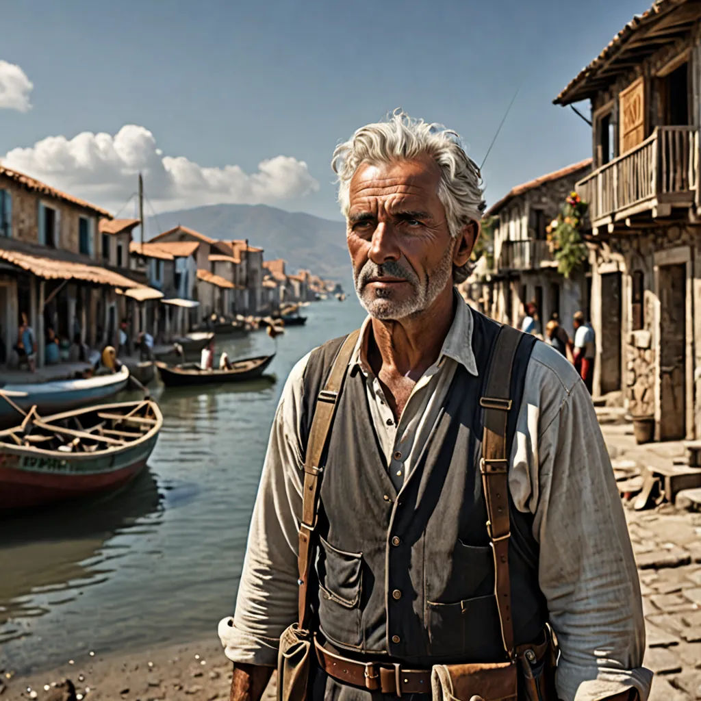 a man standing in front of a body of water with boats in the background and a building with a balcony, magical realism, a character portrait, Edo Murtić, promotional image