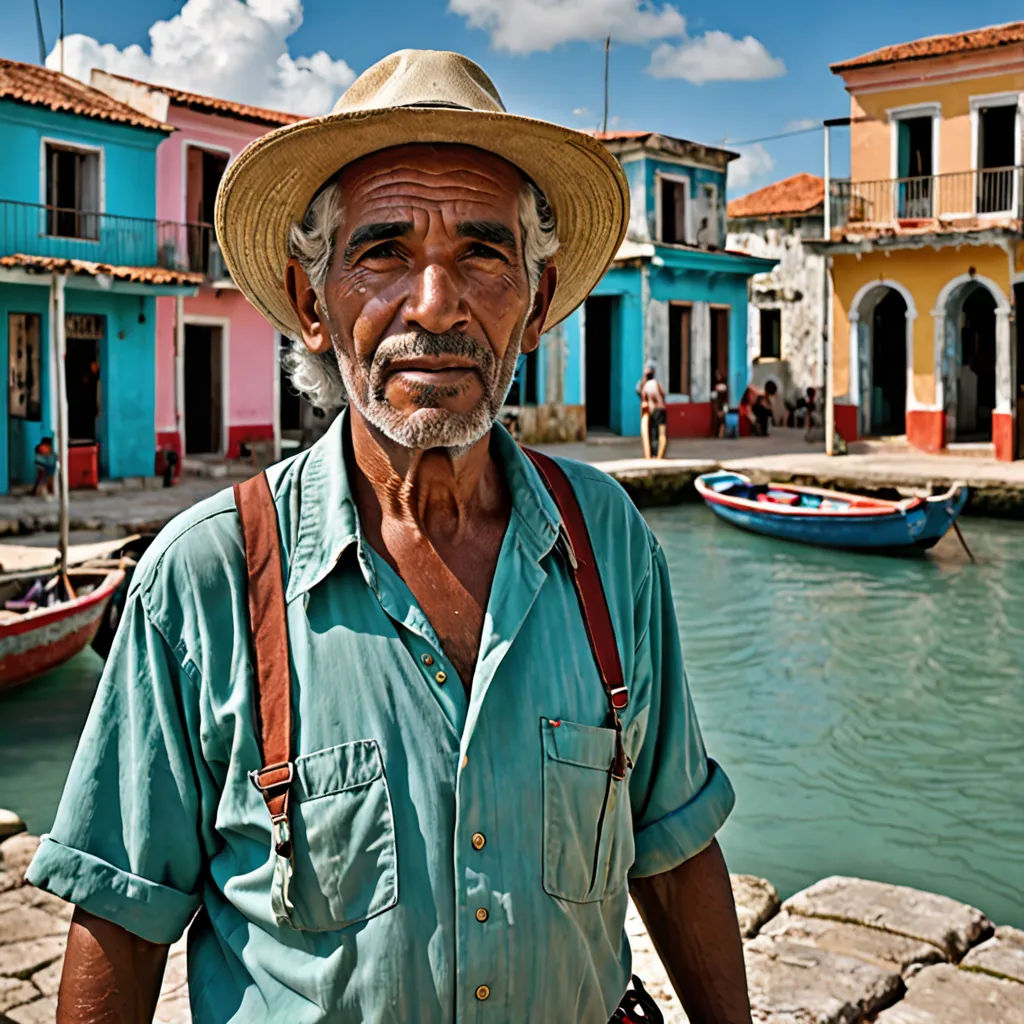 a man standing in front of a body of water with a boat in the background and a building with a red roof, figurative art, a character portrait, Arie Smit, award - winning photography