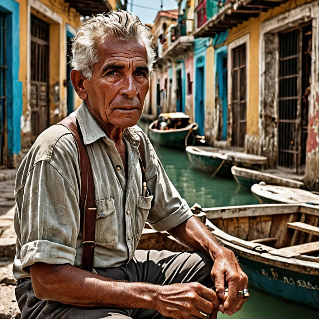 a man sitting on a boat in a canal with buildings in the background and a boat in the foreground, neoplasticism, a character portrait, Constantine Andreou, portrait photography
