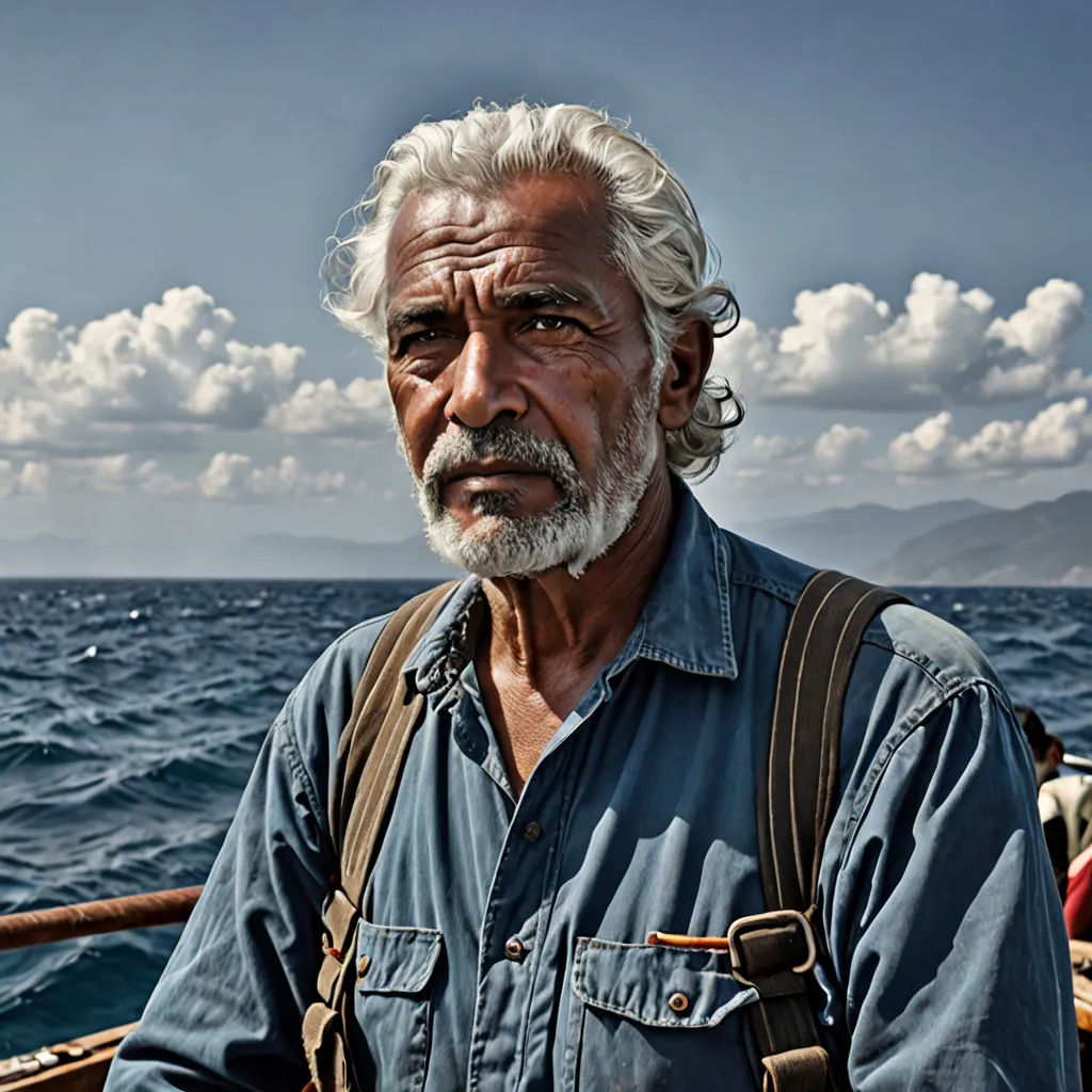 a man with a beard and a backpack on a boat in the ocean with mountains in the background and clouds in the sky, sumatraism, a character portrait, Alexis Grimou, promotional image