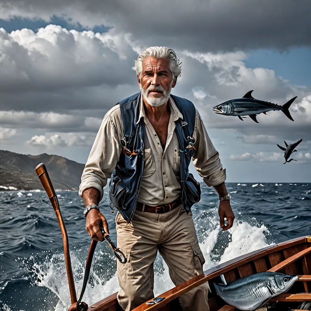 a man standing on a boat in the ocean with a shark in the background and a shark in the air, art photography, a photorealistic painting, Annie Leibovitz, cinematic photography
