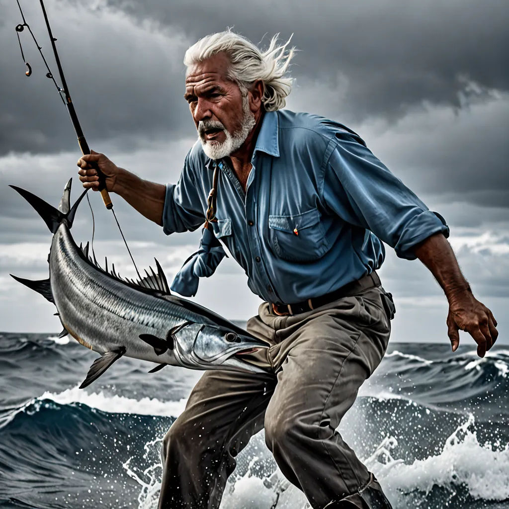 a man holding a fish while standing on a boat in the ocean with a fishing rod in his hand, art photography, a photorealistic painting, Dennis Ashbaugh, cinematic photography