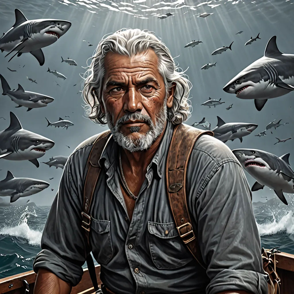 a man in a boat surrounded by sharks in the ocean with a light shining on him and a halo above him, photorealism, poster art, David Palumbo, highly detailed digital painting