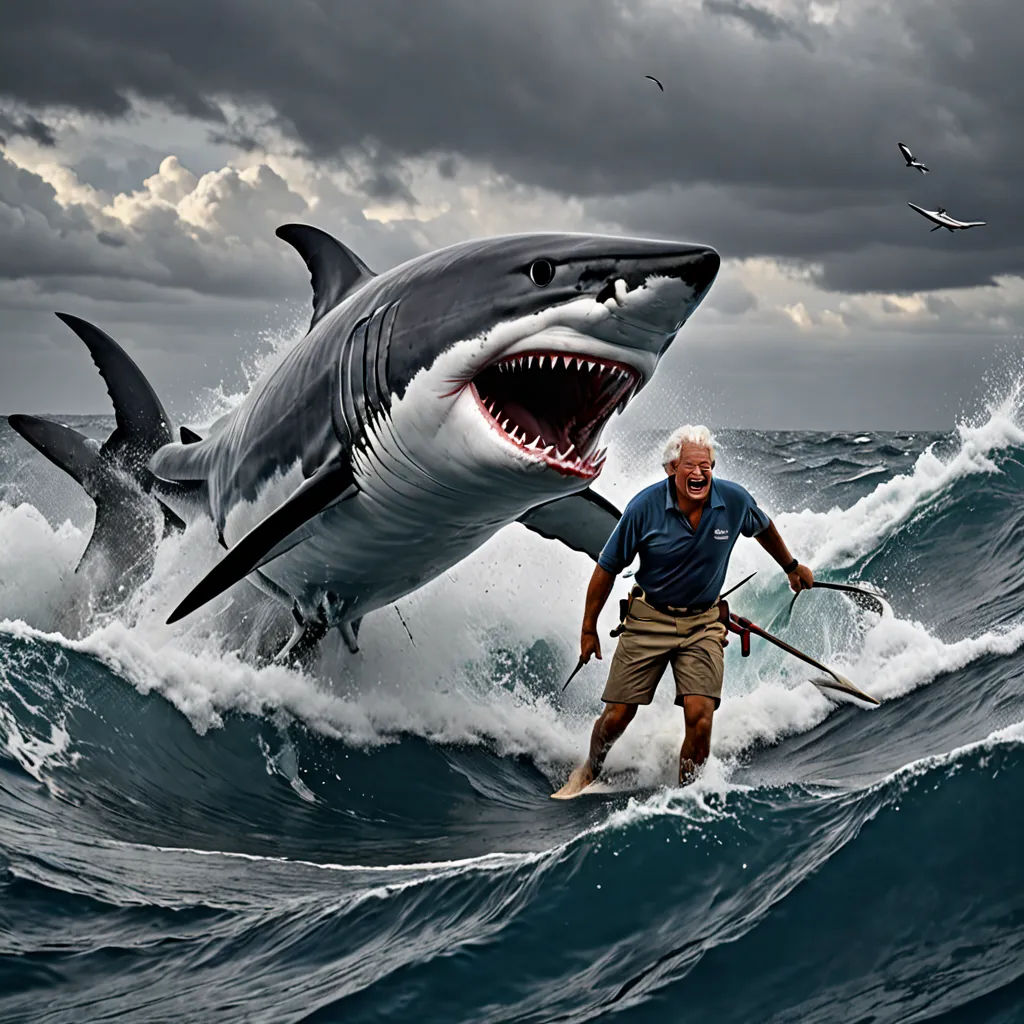 a man is standing on a surfboard in the ocean with a shark on his back and a shark on his shoulder, photorealism, a photorealistic painting, F. Scott Hess, hyper real