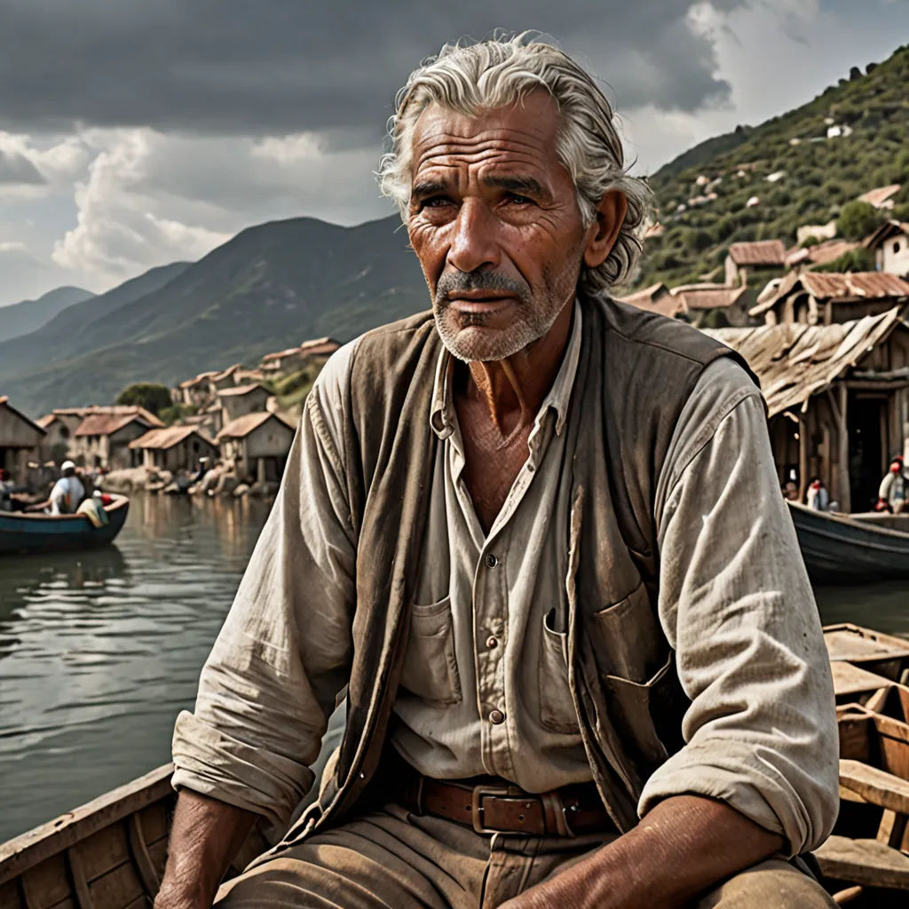 a man sitting in a boat on a lake with a village in the background and a mountain in the distance, primitivism, a character portrait, Ferenc Joachim, cinematic photography