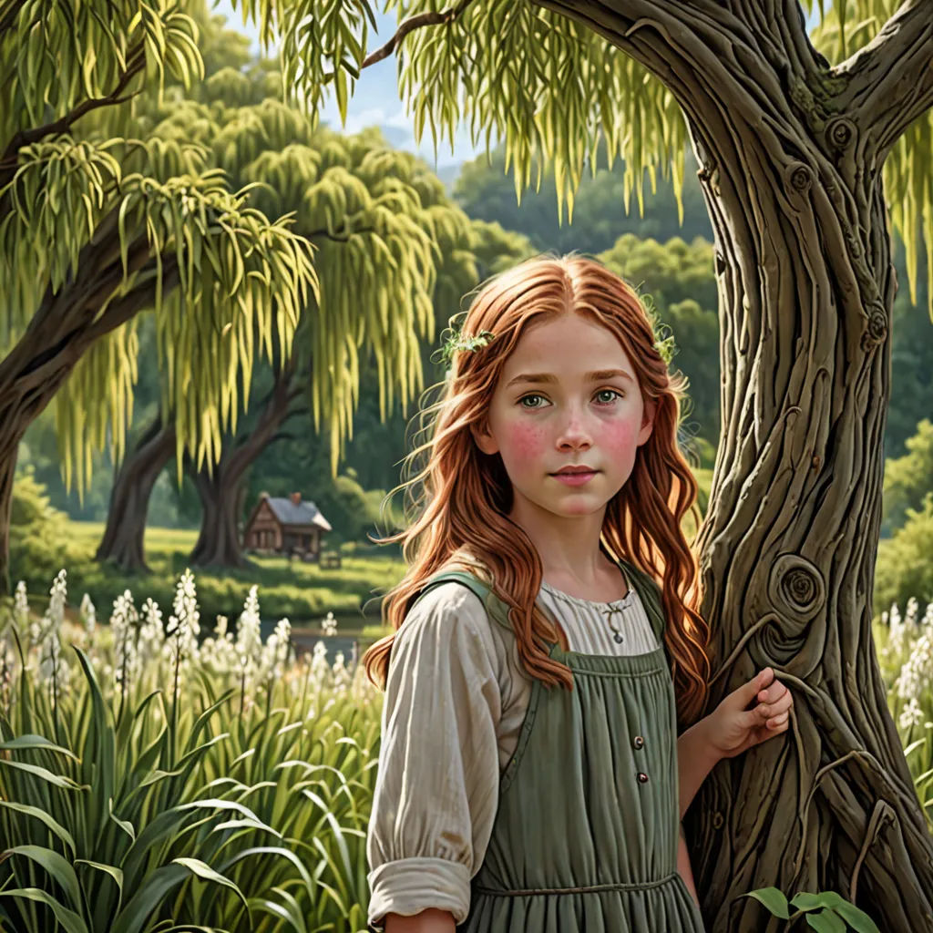 a painting of a girl standing next to a tree in a field of grass and flowers, with a house in the background, photorealism, a detailed matte painting, Bob Byerley, highly detailed digital painting