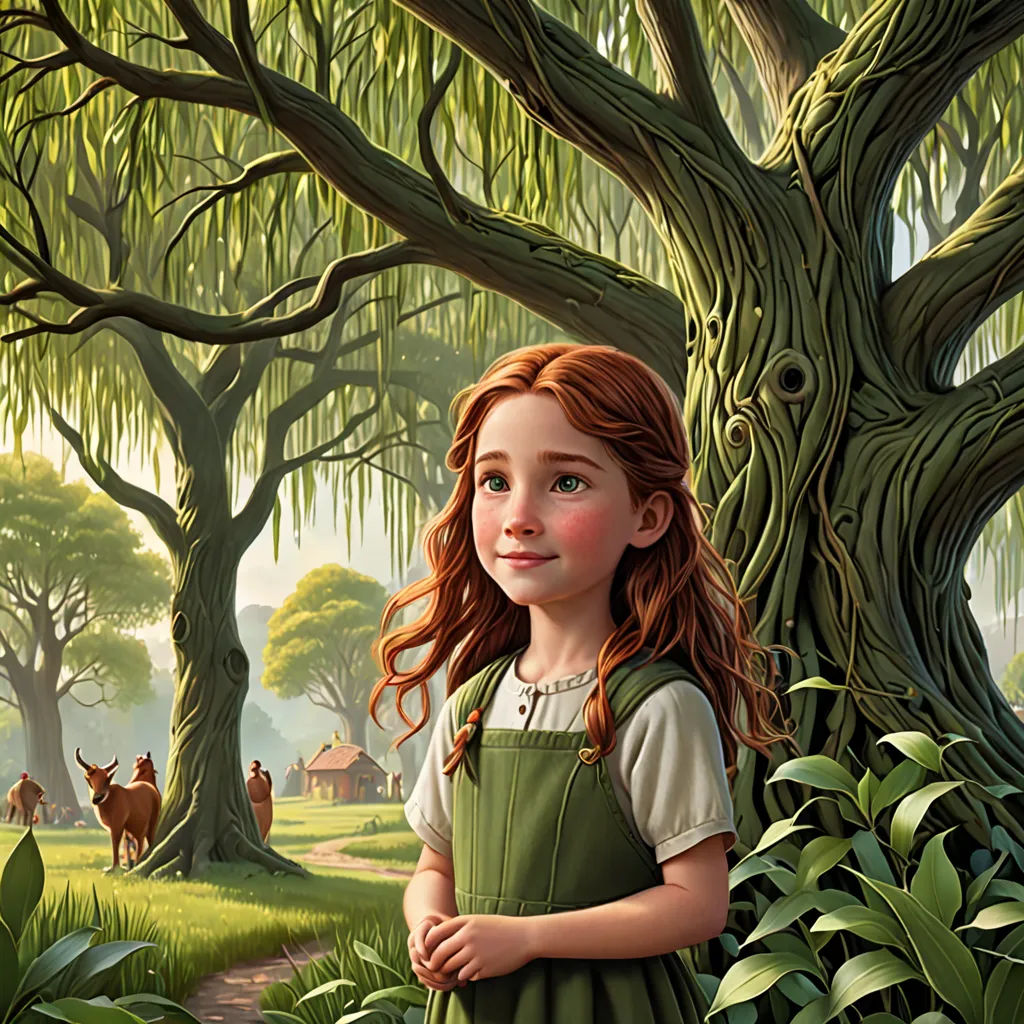 a painting of a girl standing in a forest with a deer in the background and a tree in the foreground, american scene painting, a storybook illustration, Bob Byerley, storybook illustration