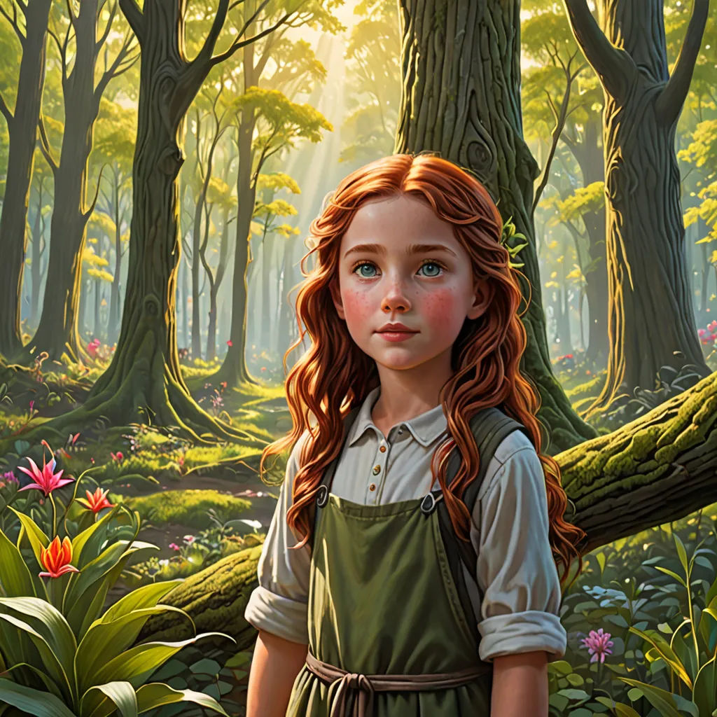 a painting of a girl in a forest with flowers and a tree trunk in the foreground, and a sunbeam in the background, fantasy art, a storybook illustration, Brad Kunkle, kinkade