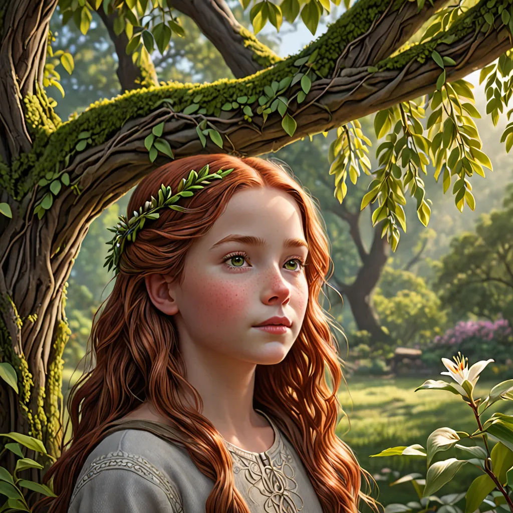 a painting of a girl with red hair and a crown of leaves on her head standing in a forest, photorealism, a detailed matte painting, Celia Fiennes, cgstudio