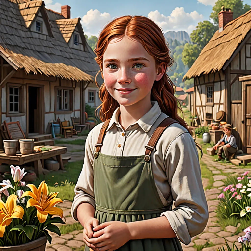 a painting of a girl standing in front of a flower pot with flowers in it and a house in the background, american scene painting, a character portrait, Bob Byerley, kinkade