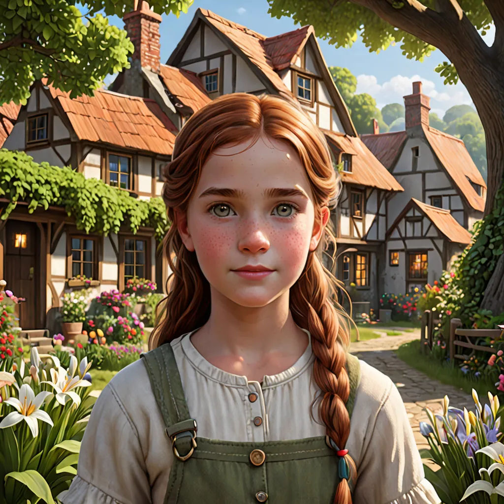 a girl in a dress standing in front of a house with flowers in front of her and a tree, photorealism, a detailed matte painting, Anne Said, cgstudio