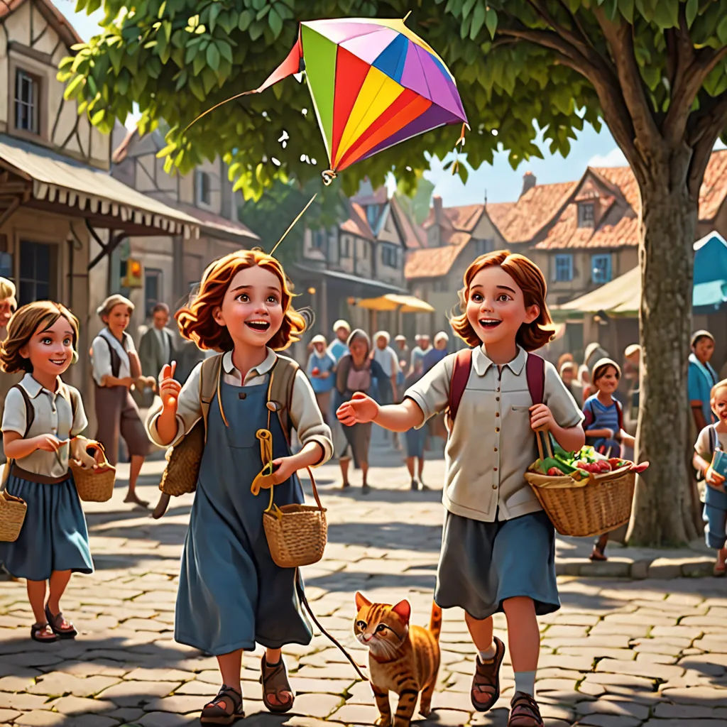 a painting of two girls holding hands and a kite above them, while a dog walks by on a cobblestone street, american scene painting, a detailed matte painting, Bob Byerley, official art