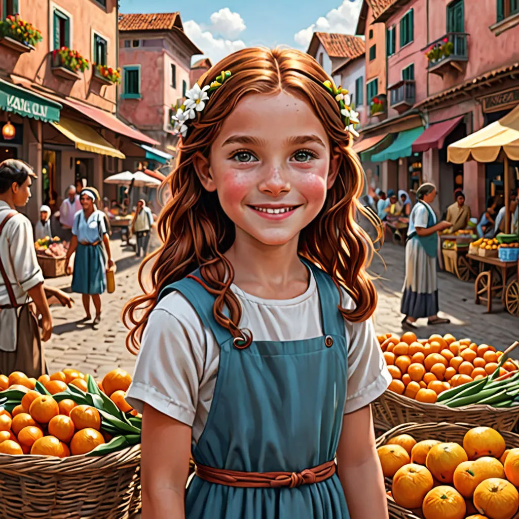 a painting of a girl standing in front of a fruit stand with oranges in baskets on the ground, photorealism, a storybook illustration, Bob Byerley, highly detailed digital painting