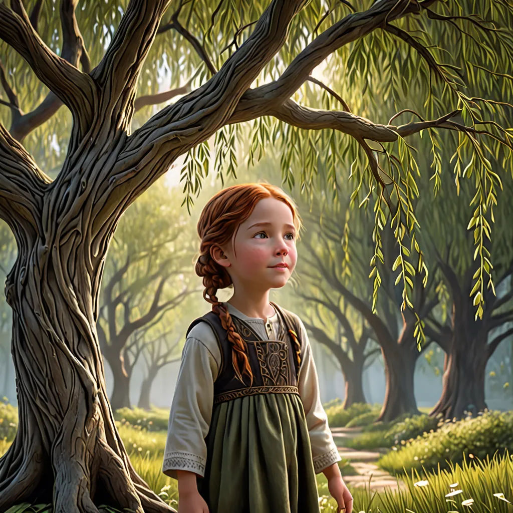 a painting of a little girl standing under a tree in a forest with a path leading to a tree, photorealism, a detailed matte painting, Brad Kunkle, cgstudio