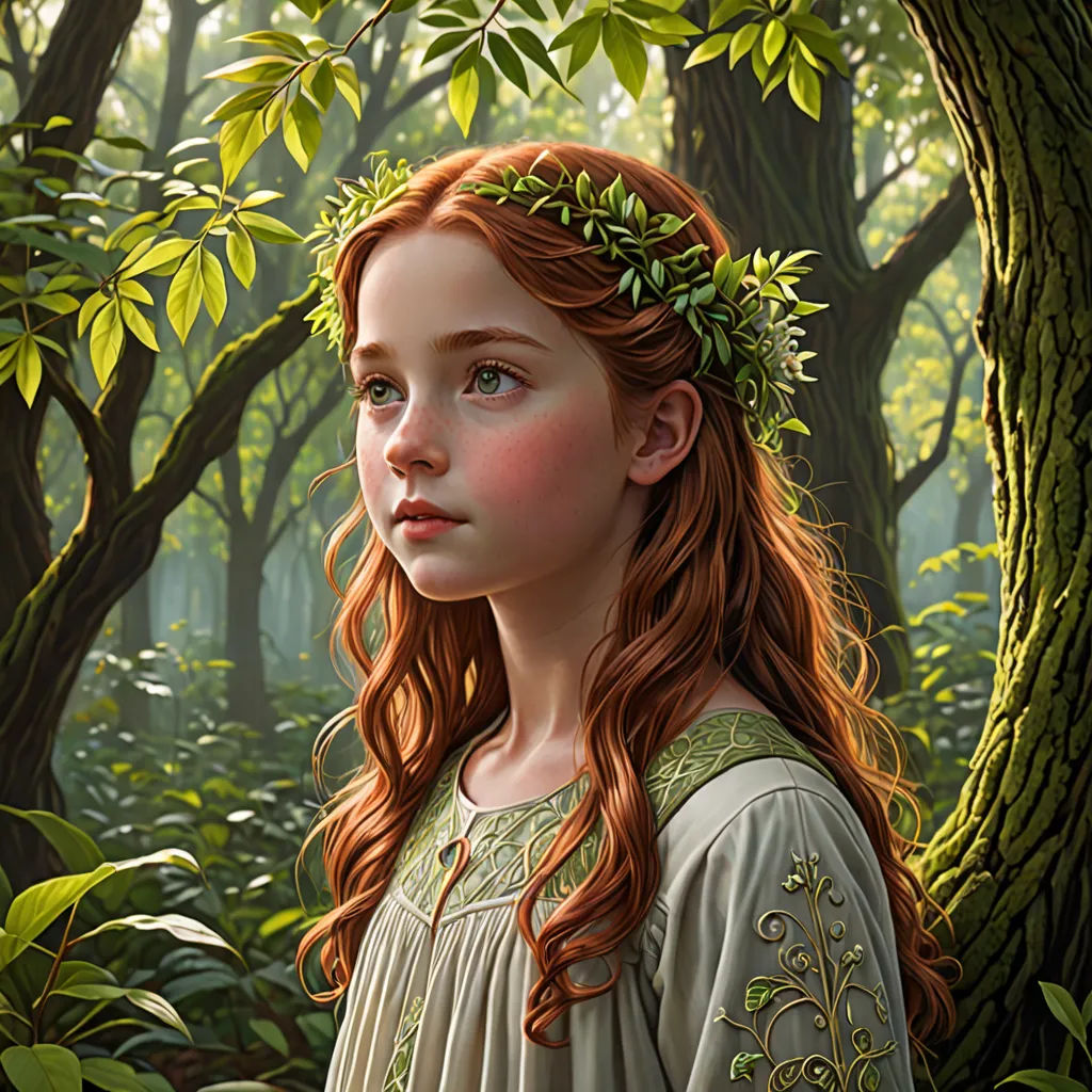 a painting of a girl in a forest with a wreath on her head and a tree in the background, fantasy art, a detailed painting, Donato Giancola, highly detailed digital painting