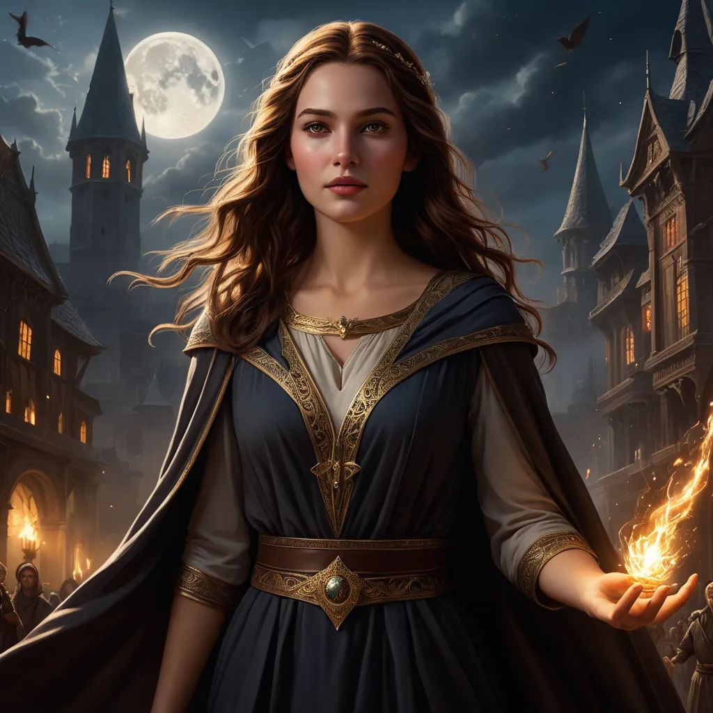 a woman in a dress holding a lit candle in her hands in front of a castle with a full moon, fantasy art, a detailed painting, Clint Cearley, fantasy artwork