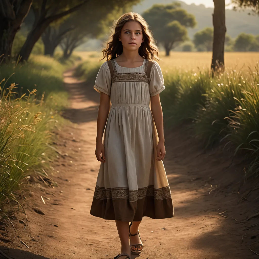 a young girl in a dress walking down a dirt road in a field of grass and trees with a sun shining on her, magical realism, a detailed matte painting, Celia Fiennes, promotional image