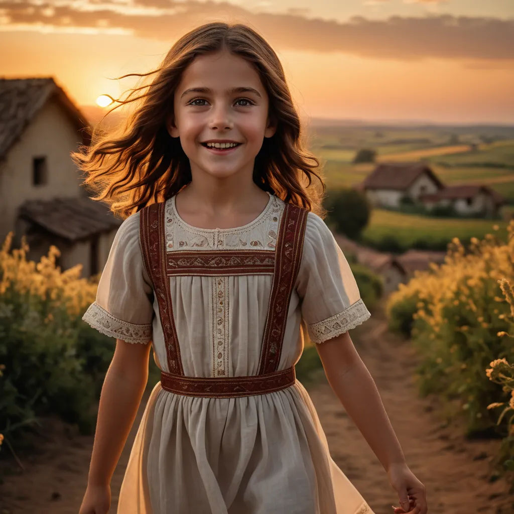 a little girl in a dress walking down a dirt road at sunset with a house in the background and a field of flowers, art photography, a stock photo, Daniel Lieske, cinematic photography