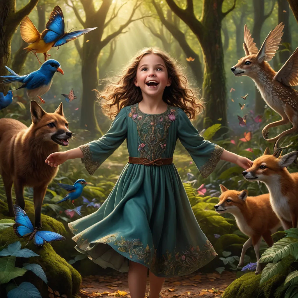 a little girl in a forest with animals and birds around her, and a bird flying above her head, magical realism, a storybook illustration, Brad Kunkle, promotional image