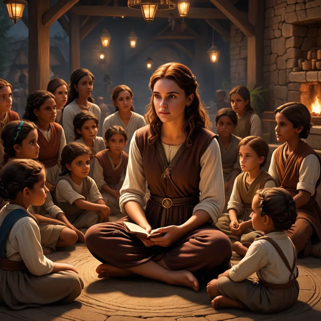 a woman sitting in a circle surrounded by children in a room with lights on the ceiling and a fire place, renaissance, a detailed matte painting, Anne Said, promotional image