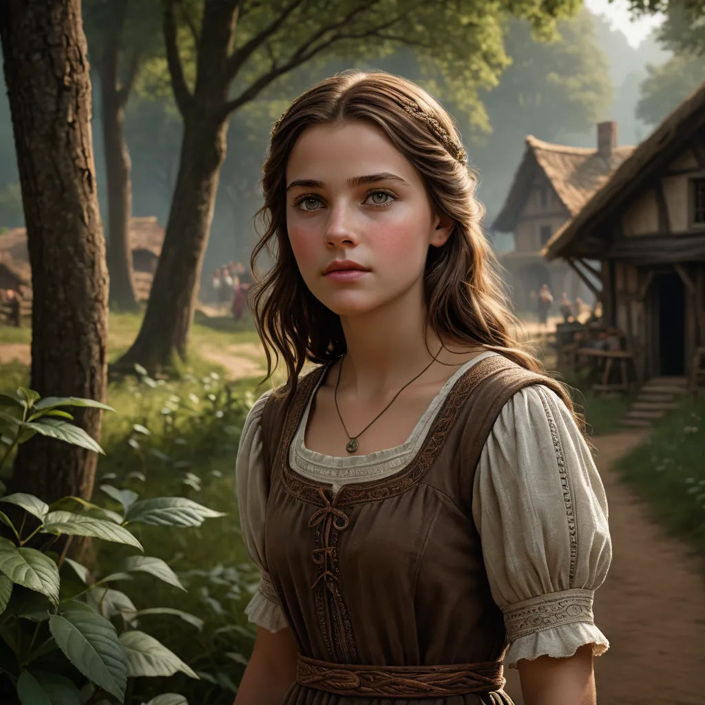 a painting of a girl in a brown dress standing in front of a house and trees with a path, german romanticism, a detailed matte painting, Anne Said, promotional image