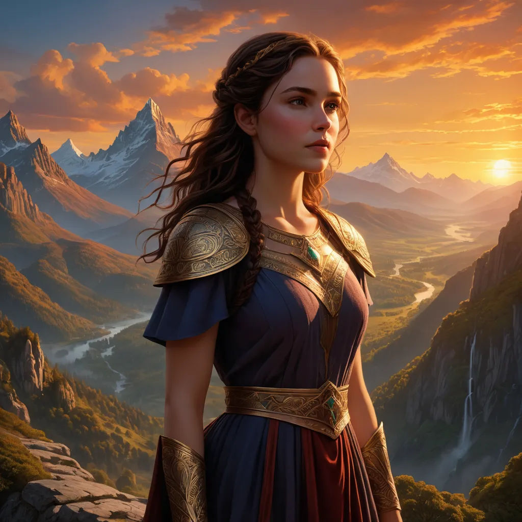 a woman in a dress standing in front of a mountain range at sunset with a mountain range in the background, fantasy art, a detailed matte painting, Christophe Vacher, magic the gathering artwork