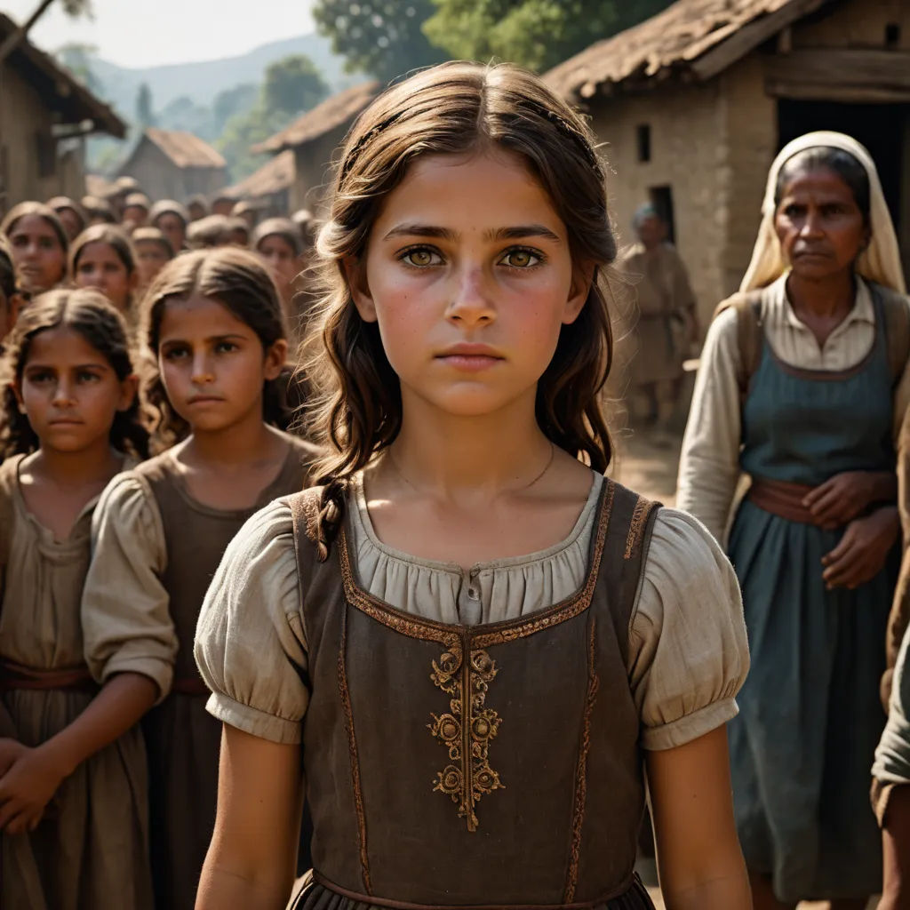 a group of people standing in front of a building with a girl in a brown dress and a man in a brown shirt, aestheticism, a detailed matte painting, Celia Fiennes, promotional image