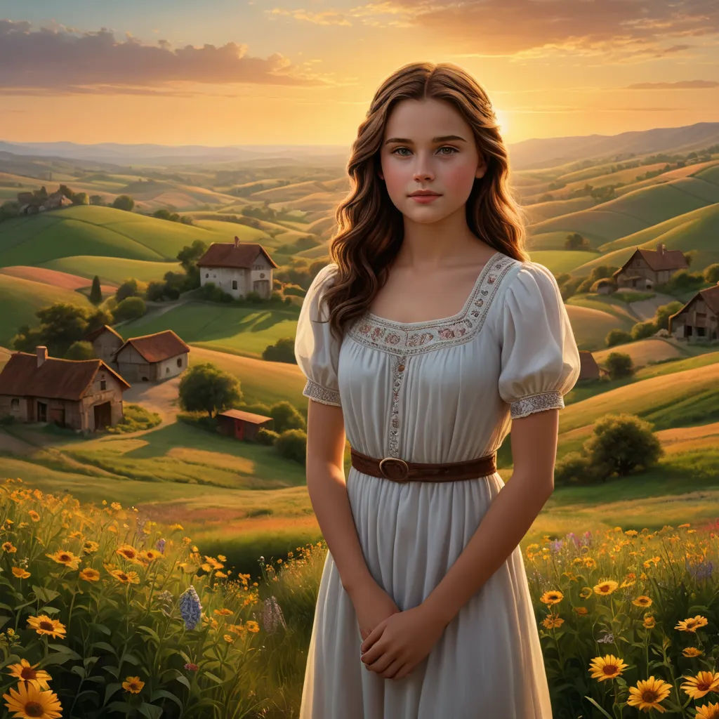 a painting of a woman in a white dress standing in a field of sunflowers with a house in the background, american scene painting, a detailed matte painting, Anne Said, kinkade