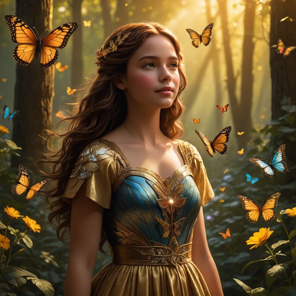 a woman in a dress surrounded by butterflies in a forest with a golden dress on her shoulders and a blue dress on her shoulders, fantasy art, a detailed matte painting, Edward George Handel Lucas, promotional image