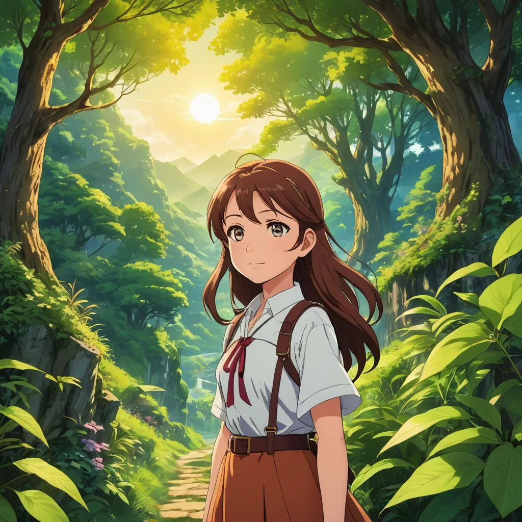 a girl in a forest with a backpack on her shoulder and a backpack on her shoulder, looking at the camera, rayonism, poster art, Chizuko Yoshida, official art