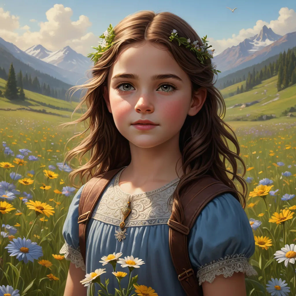 a painting of a girl in a field of flowers with mountains in the background and a bird flying overhead, fantasy art, a detailed painting, Brad Kunkle, trending on art station