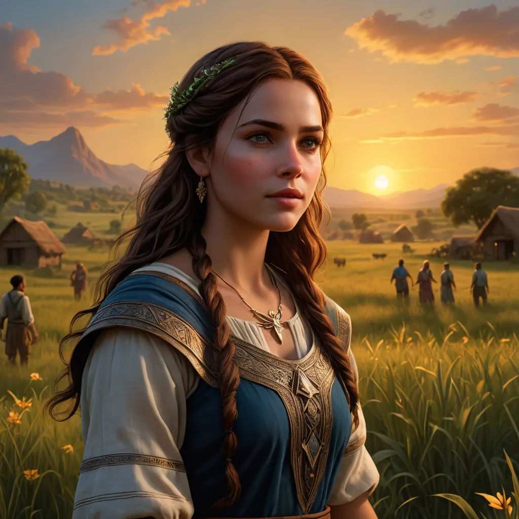 a woman in a dress standing in a field with a sunset in the background and people in the distance, sots art, computer graphics, Ada Gladys Killins, game art