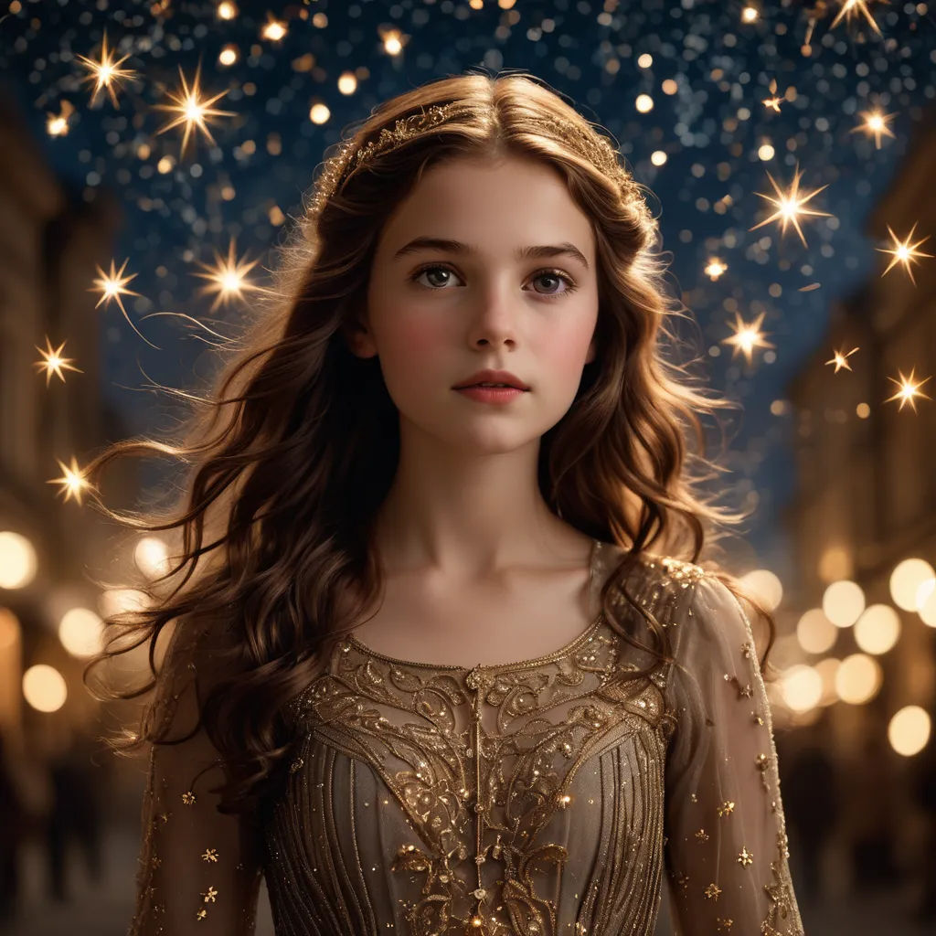 a woman in a dress standing in front of a street with stars in the sky above her head and a city street with buildings and buildings, magical realism, a photorealistic painting, Celia Fiennes, enchanting