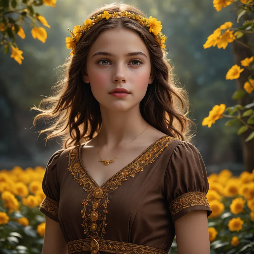 a woman with a flower in her hair standing in a field of flowers with a yellow flower in her hair, art photography, a photorealistic painting, Elina Karimova, portrait photography
