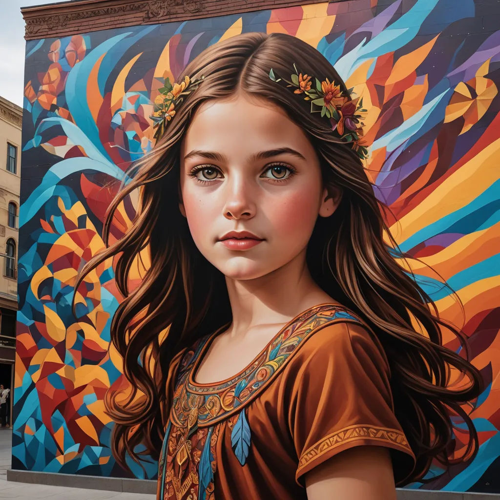 a painting of a girl with a flower in her hair and a colorful background is painted on a building, photorealism, a hyperrealistic painting, Brad Kunkle, incredible art