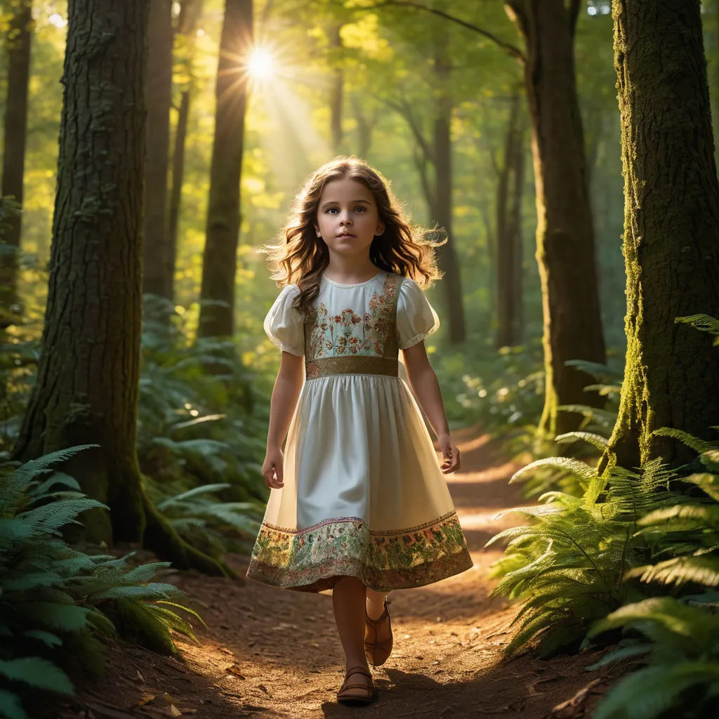 a little girl in a dress walking through a forest with sun shining through the trees and leaves on the ground, arts and crafts movement, a storybook illustration, Elinor Proby Adams, cinematic photography