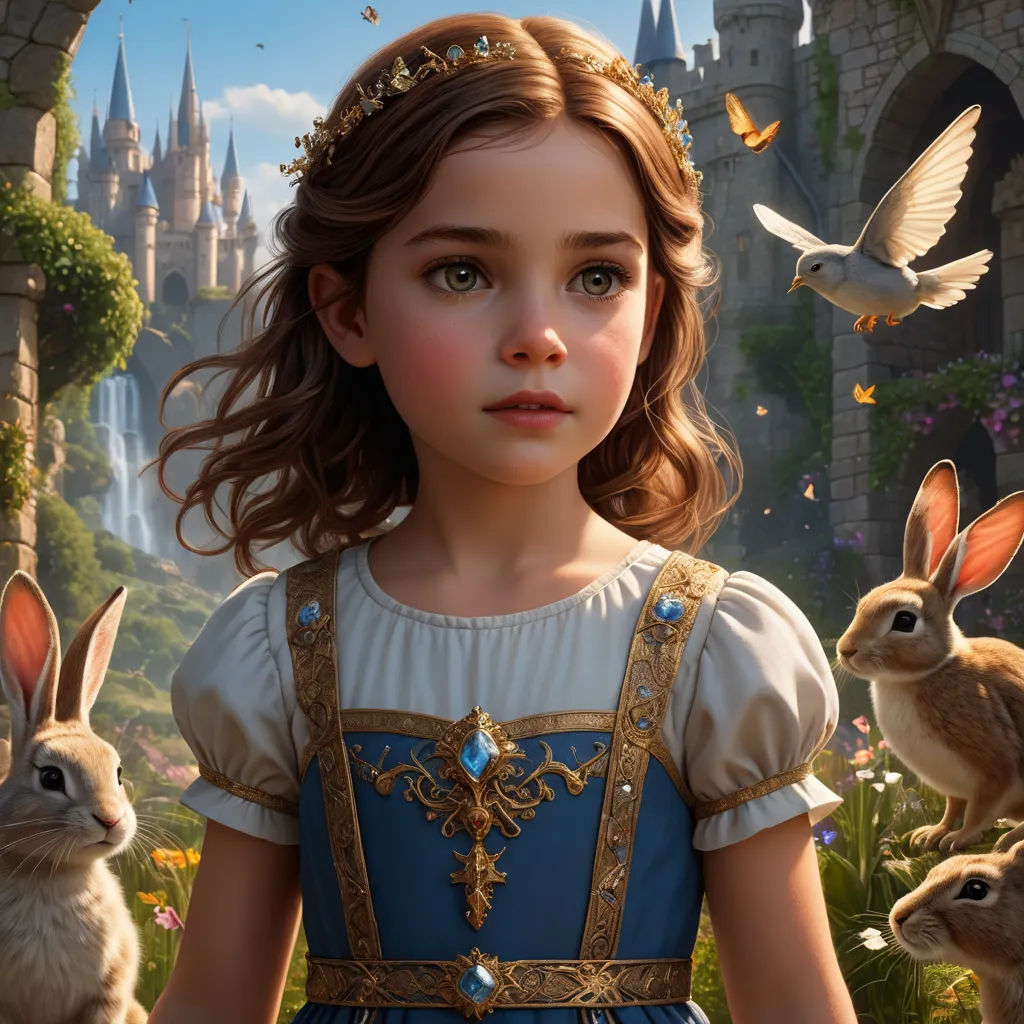 a little girl in a blue dress standing next to rabbits in front of a castle with a bird flying overhead, fantasy art, a storybook illustration, Alice Prin, cgstudio
