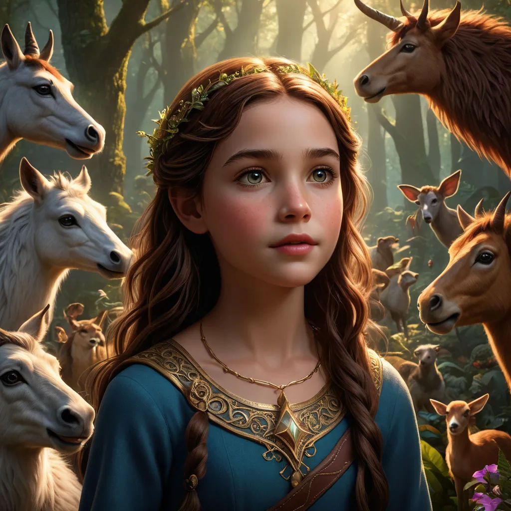 a girl surrounded by animals in a forest with a deer and deer headband on her head and a deer behind her, fantasy art, a storybook illustration, Brad Kunkle, cgstudio