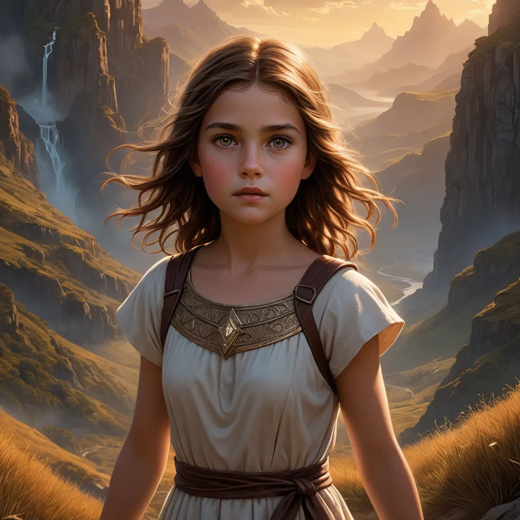 a painting of a girl in a dress standing in a mountainous area with a waterfall in the background and a mountain range in the background, fantasy art, a detailed painting, Clint Cearley, fantasy artwork