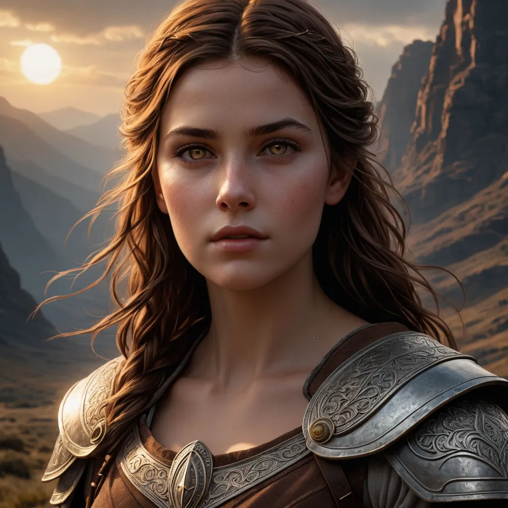 a woman in a brown dress and a mountain range in the background with a sun setting behind her and a mountain range in the background, fantasy art, a photorealistic painting, Clint Cearley, epic fantasy character art