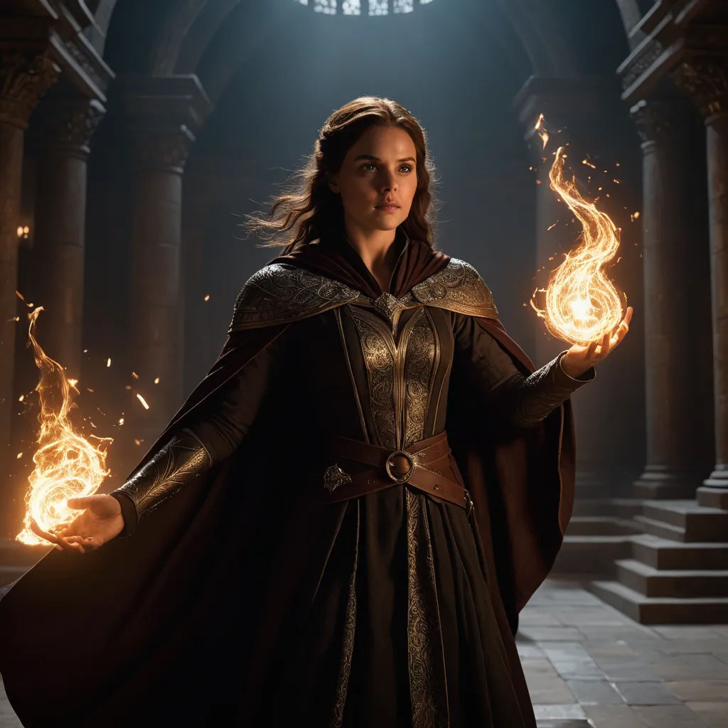 a woman dressed in a medieval costume holding fire in her hands in a dark room with columns and a chandelier, renaissance, a detailed matte painting, Araceli Gilbert, vfx