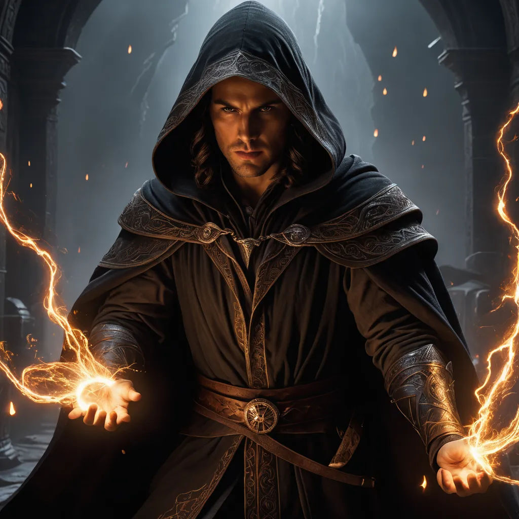 a man in a hooded robe holding a glowing light wand in his hands and a hooded cloak over his head, fantasy art, a detailed matte painting, Cedric Seaut (Keos Masons), magic the gathering
